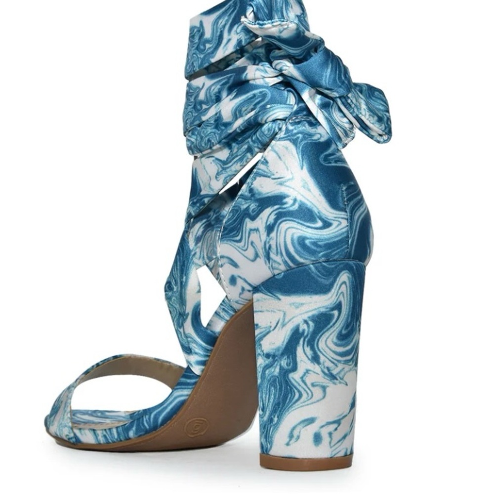 Wild Diva Satin Lace-Up Marble Block Heel Sandals - Picture 3 of 13